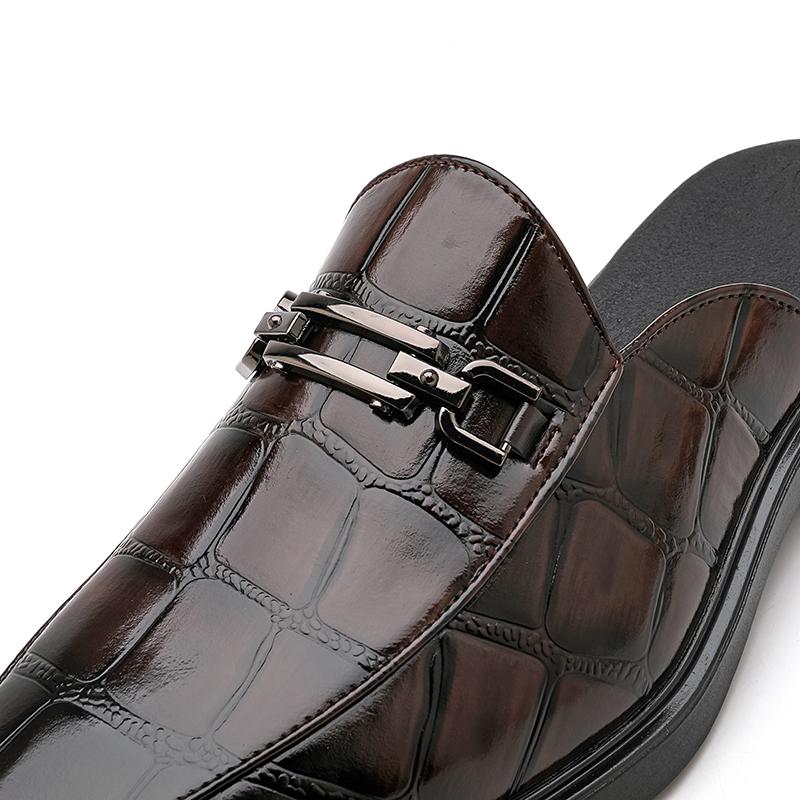 New Men's Black Brown Half Slippers Metal Button Patent Leather Shoes Male Casual Mules Moccasins Breathable Loafers