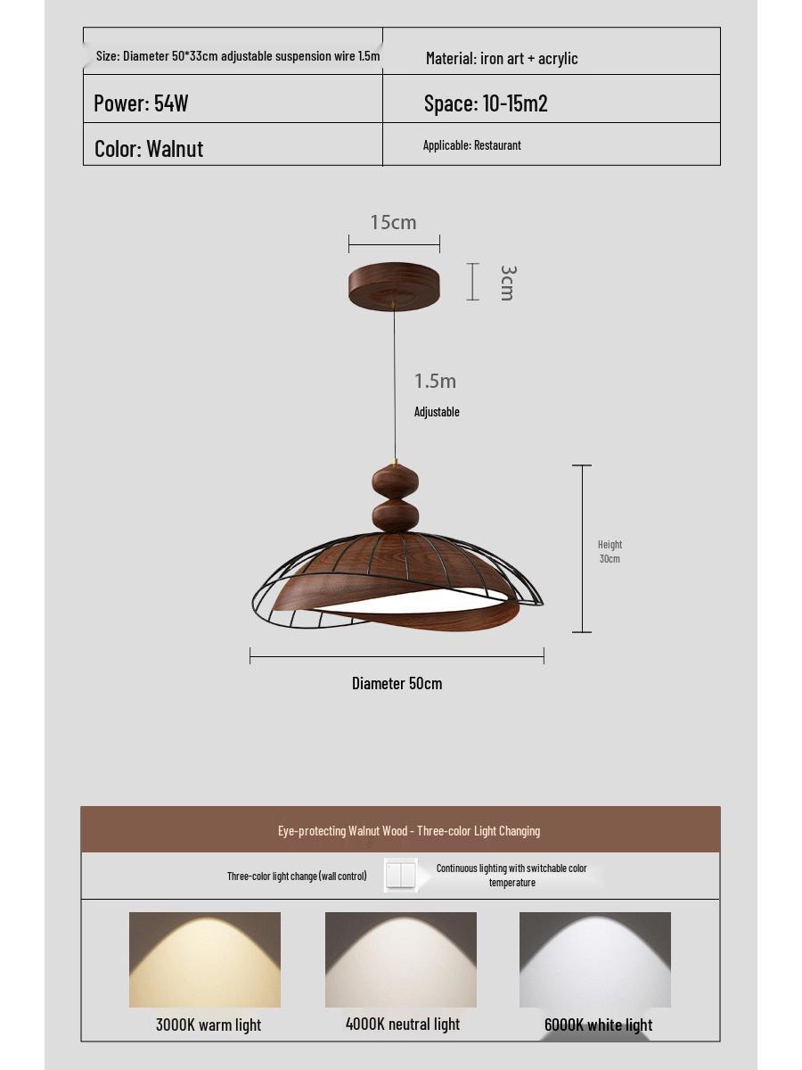 

Minimalist Walnut Wabi-Sabi Ceiling Chandelier – Chinese, French, and Japanese Influence Three-Color Changing