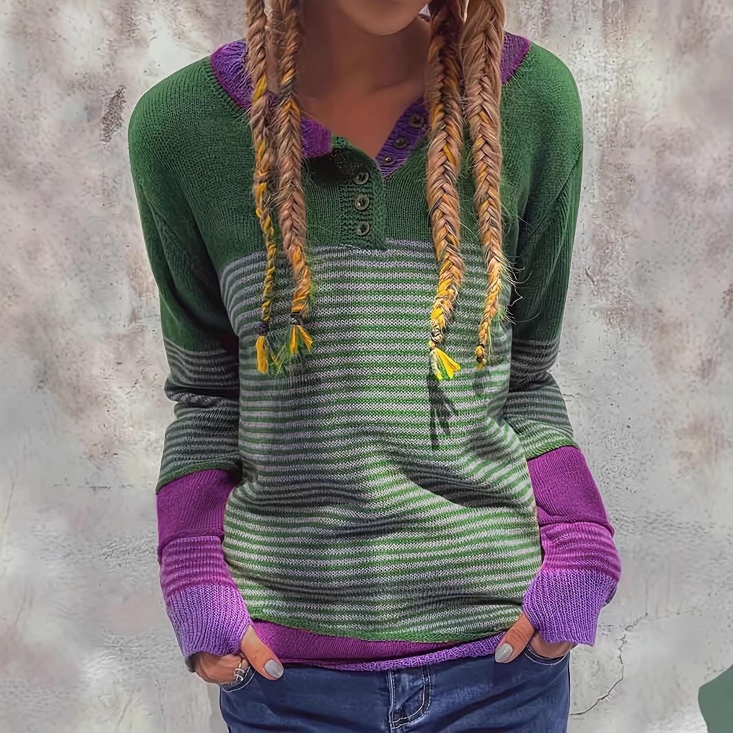 

Autumn/Winter Striped Colorblock Long-Sleeve Knit Top with Button Crew Neck for Women Medium
