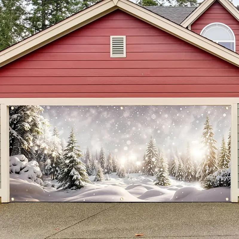 Snowy Forest Winter Christmas Garage Door Cover Door Banner Holiday Backdrop