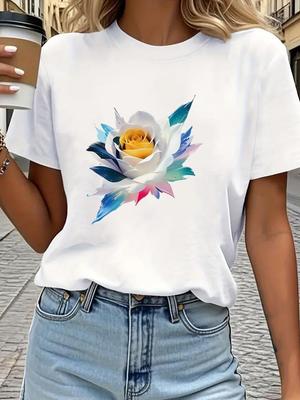 (Asian Size) Tee Top Print Sweet Flower Cute Trend Women Woman Fashion Clothing Short Sleeve T Shirt Female Graphic T-shirts