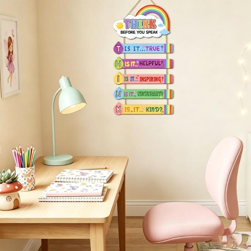 Spraakherinnering Houten Wandbord Klaslokaal met Wolkenprint, Denk Na Voordat Je Spreekt Hangbord voor Kinderkamer of Counselingkantoor