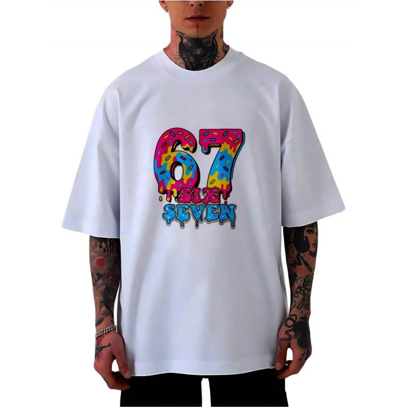 

European sizes American Street Style 67 Meme Donut Graffiti T-Shirt Is a Trendy Eye-Catching Outfit. It Features a Regular Fit with Short Sleeves 4XL білий
