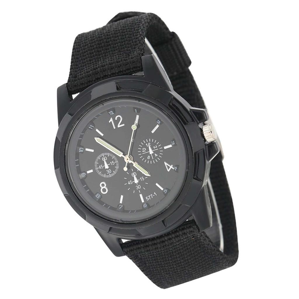Electronic Analog Wrist Watch Round Nylon Strap Military Wristwatch (Black)