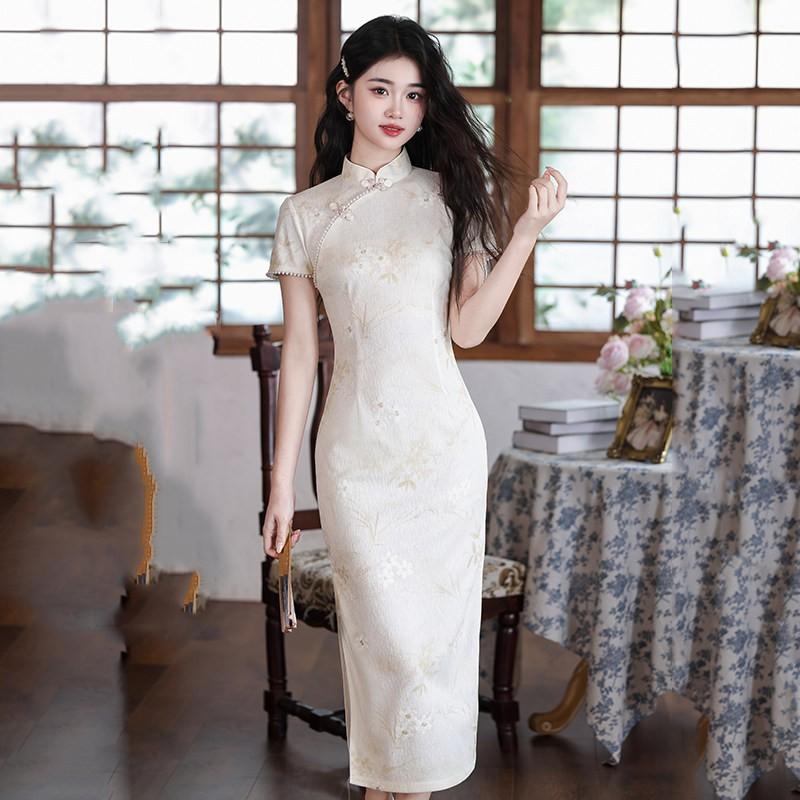 Yellow Modern Chinese Style Long Cheongsam Dress Women 2026 Vintage Inspired Daily Wear Small