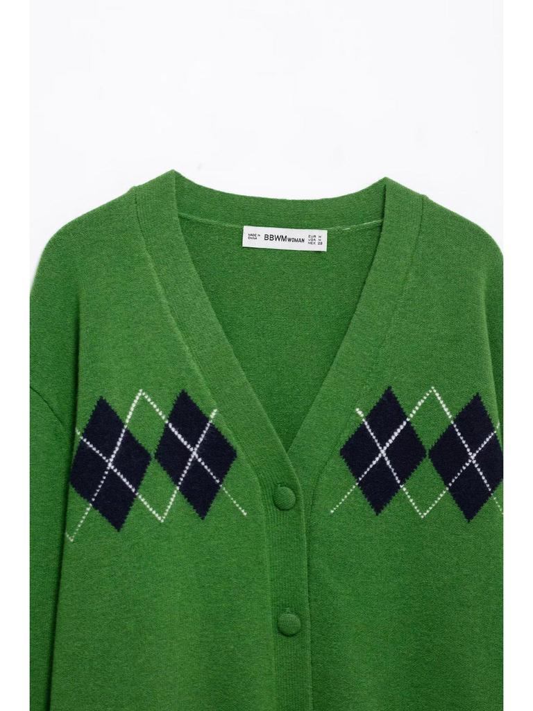 2025 Spring Women's Street Fashion: Diamond Pattern Knit Cardigan