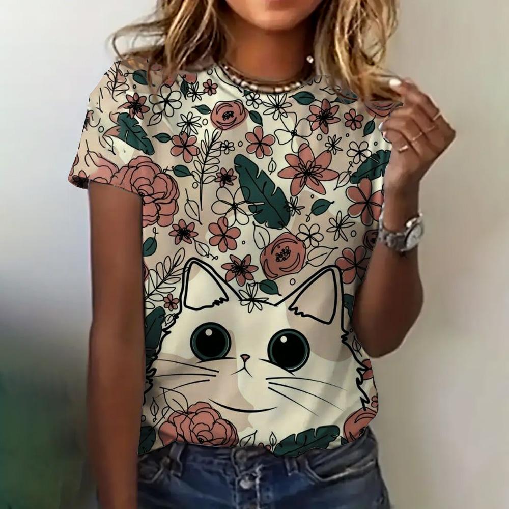 Abbigliamento Donna Stampa Gatto Anime Girocollo Manica Corta Estivo Ampio Casual Top Appuntamento Elegante