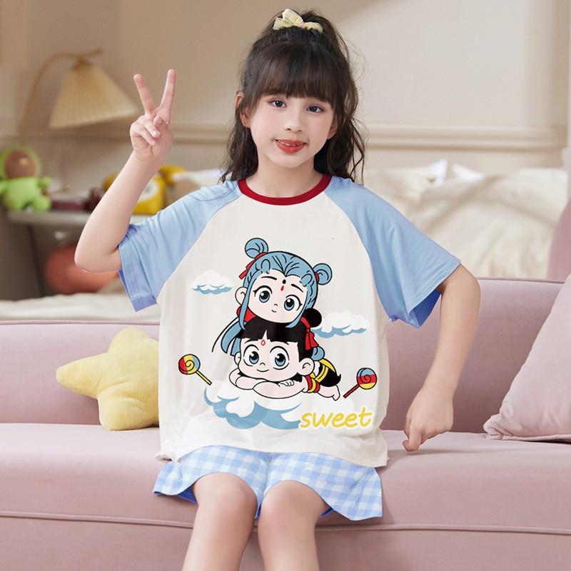 Girls Modal Cotton Pajama Set Short Sleeve Lightweight Sleepwear Cartoon Print Home Outfit Kids