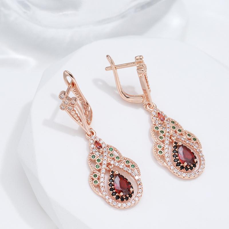 New  Rose Gold Color Drop Earrings For Women Crystal Flower Red Natural Zircon Earrings For Women Vintage Jewelry