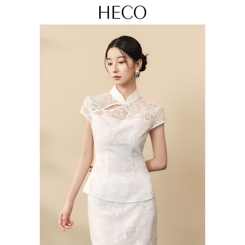 HECO New Chinese Style Embroidered Mesh Top L