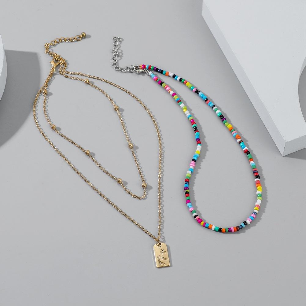 2 Pcs/set Women's Necklace Bohemian Style Multi-layer Color Seedbead Metal Pendant Necklace