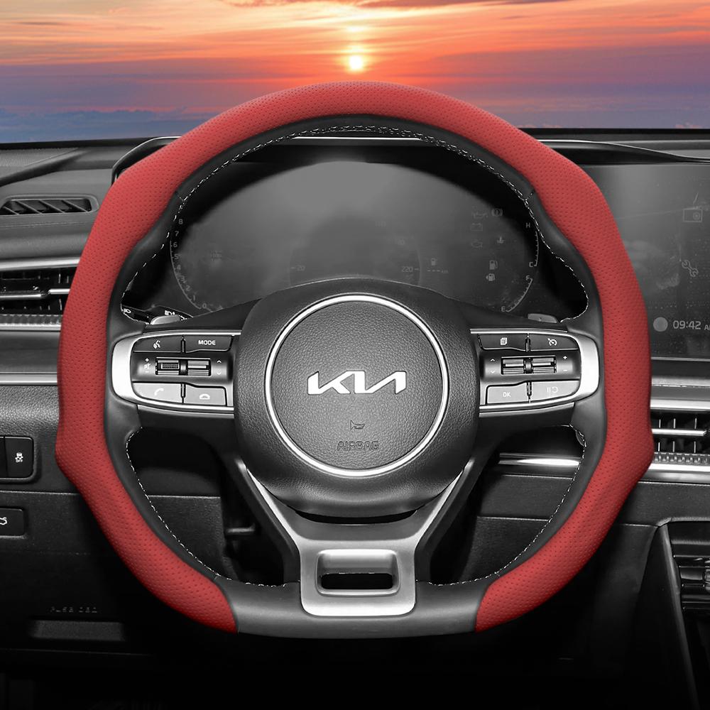 Suitable for Kia Perforated Leather Steering Wheel Cover, Non-Slip, Sweat-Absorbent, Breathable, Integrated Protective Case Sportage K5 Seltos Forte