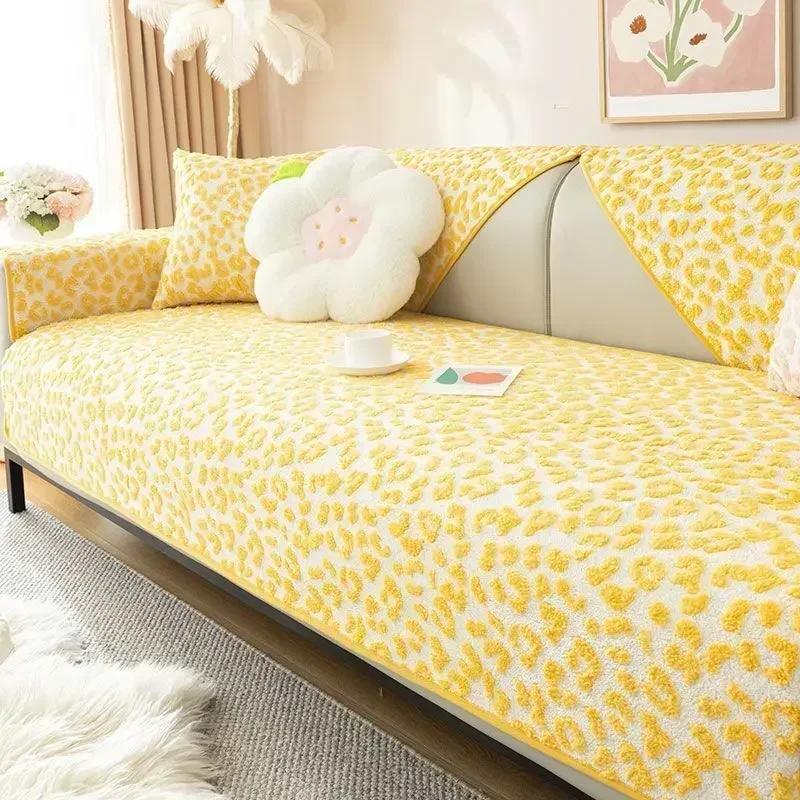 Plush Leopard Print Sofa Cushion Winter Thick Anti Slip Sofa Towel Pillowcase High End L-shaped Sofa Full Coverage Dust Covers