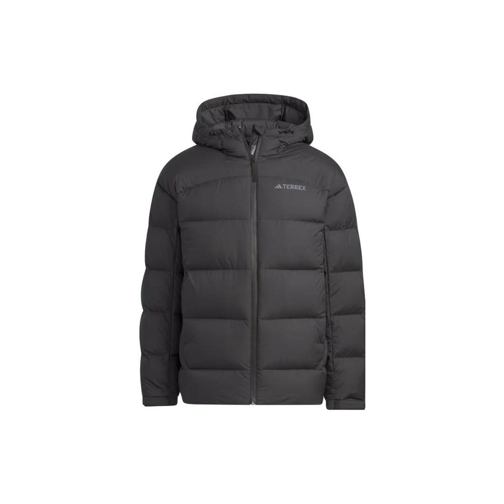 Adidas Husí péřová bunda těžké váhy s kapucí a vypasovanými dlouhými rukávy Pánské svrchní oblečení Černá IL8965