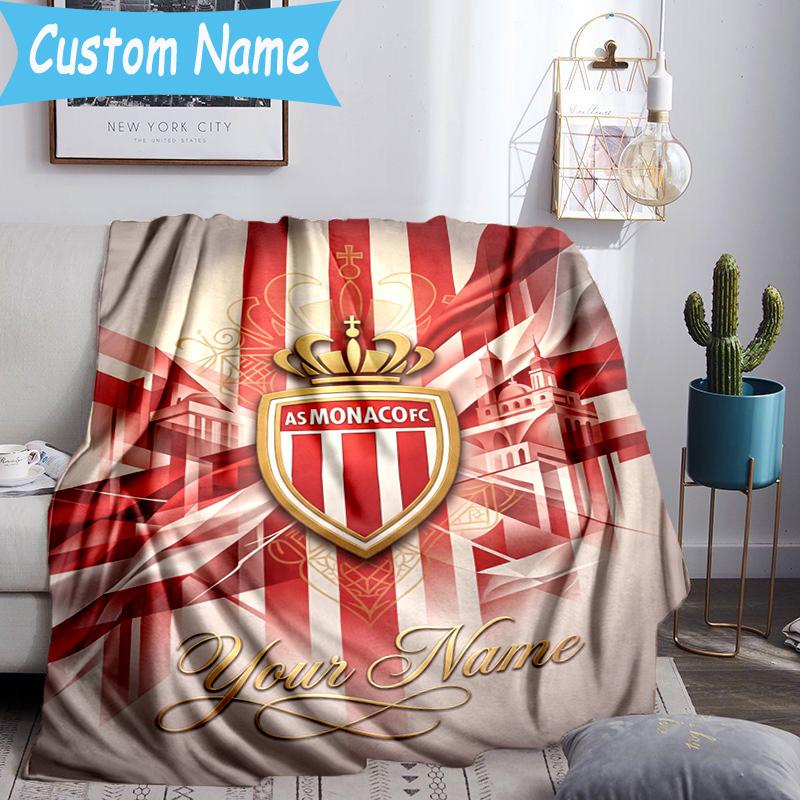 Custom Name As Monaco Fc Crest Flannel Blanket, Use for Birthday/Holiday Gift, Soft Blanket for Sofa/Bed/Camping/Office, Home Decor