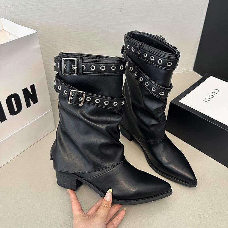 Black Pointed Hottie Sweet Cool Martin Boots Women's 2025 Spring and Autumn New Thick Heel Heightened Retro Thin Trouser Tube Boots