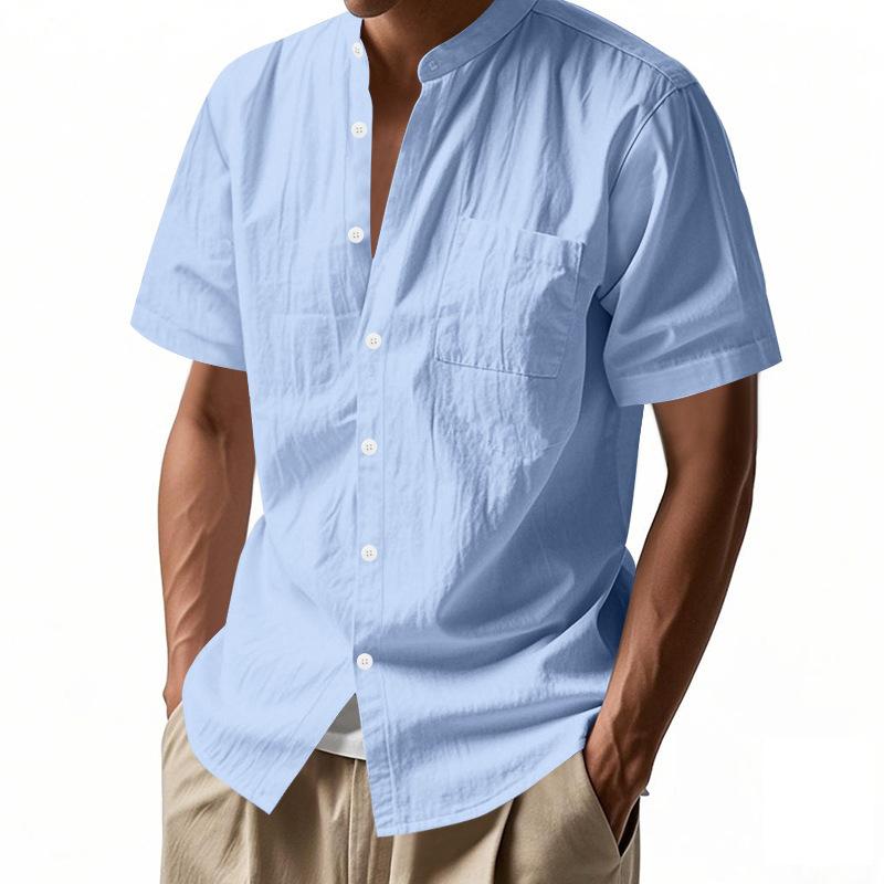 Herr sommar lös passform linne t-shirt enfärgad Henley-hals strand kortärmad skjorta