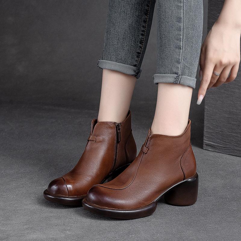 Fashion GKTINOO Genuine Leather Ankle Boots Women Shoes 2025 New Autumn Winter Round Toe Square Heel Zip Handmade Leisure Women Boots