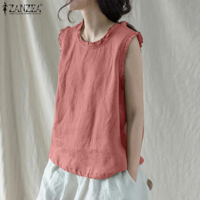 ZANZEA Summer Women Sleeveless Ruffled Casual Loose Tank Tops