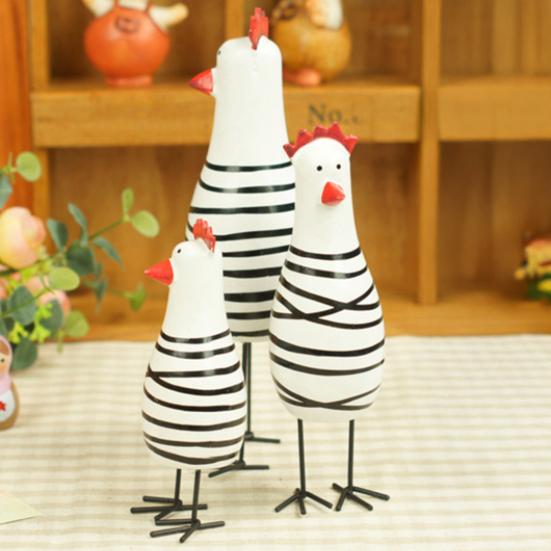 Rustic Wooden Kitchen Decor 3Pcs Hand-Painted Chicken Figurine Set, Cute Animal Desktop with Striped Black Pastoral Style Table Decoration &