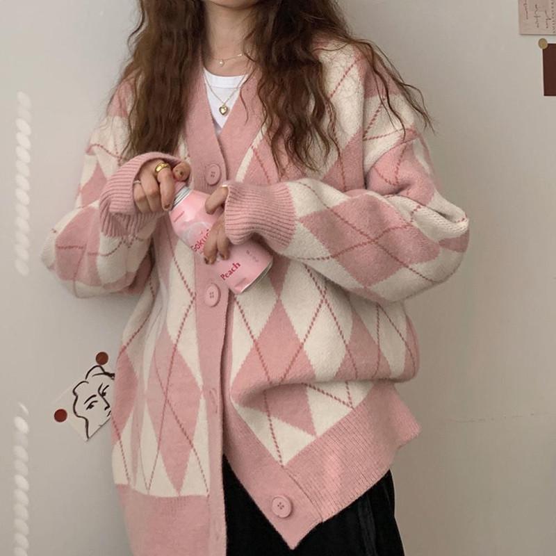 Japanese Academy Diamond Pattern Loose Knit Cardigan - Women's Slimming Color Block Sweater