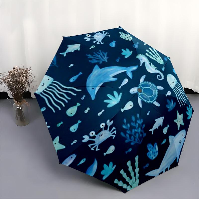 1pc Ocean Life Circular Illustration Umbrella with Plastic Handle,Compact & Stylish,Cartoon Pattern,Outdoor UmbrellaPT333