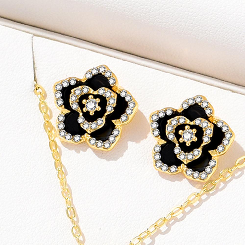 4 Piece Set Of Women Black Floral Zircon Necklace Earrings And Ring Set Personalized Fashionable And Versatile Creative Zircon