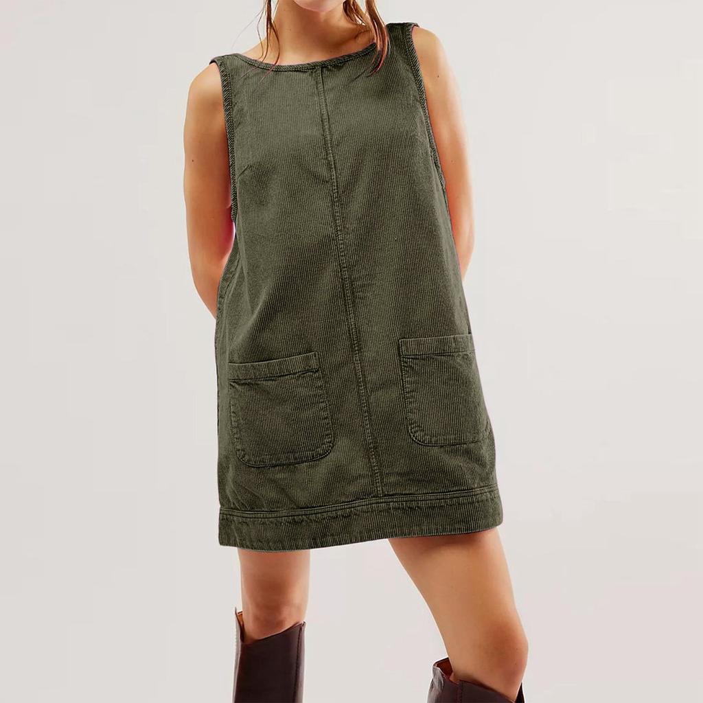 Women's Fashion Corduroy Solid Color Round Neck A Line Vest Dress Pinafore With Pockets