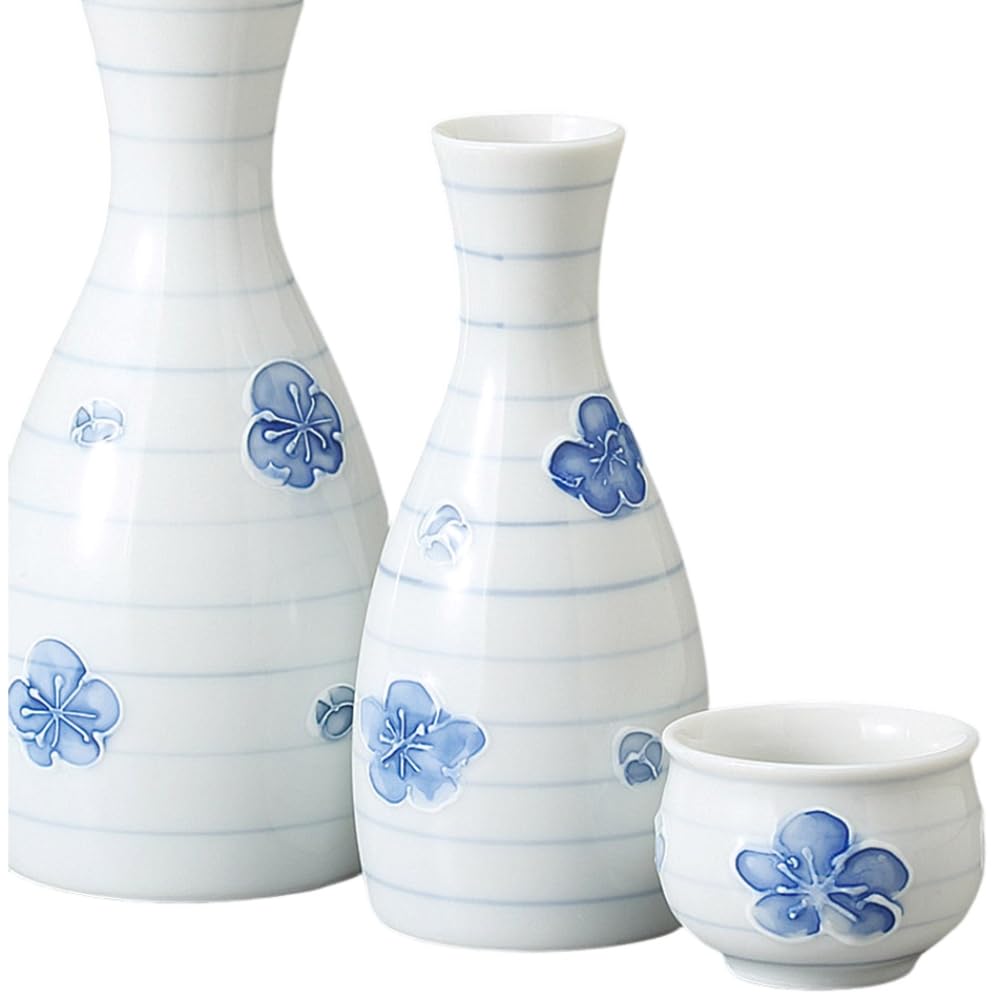 Sake Tokkuri and Ochoko x Ichichin Uzuume Small Tokkuri Bottle and Sake Mino Ware Pottery Ale-net Set, (Sake Cup) Set, 6.5cm 13.5cm H, Approx. 170cc,