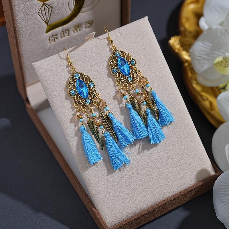 Boho Vintage Crystal Beads Drop Dangle Earrings For Women Handmade Leaf Tassel Geometric Hollow Antique Gold Color Jewelry Gift