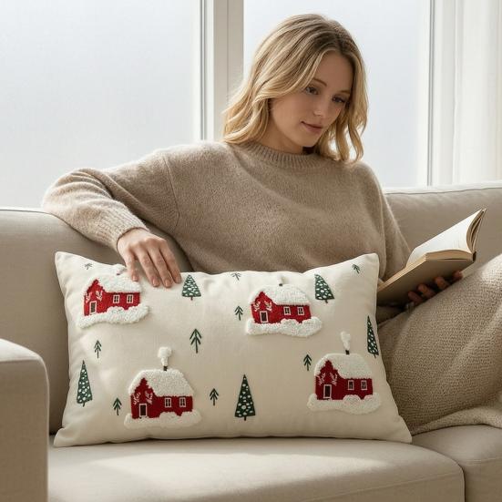 Holiday Gift for Home Decor Christmas Cottage Cushion Cover, Red Snowy House Pillowcase, Decorative Nordic Style Pattern Throw Pillow Case Sofa