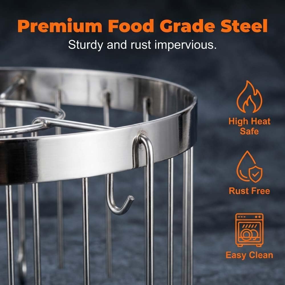 Stainless Steel Vertical Skewer Stand for Air Fryer 24 Skewer Capacity Round Kebab Rack with Food-Grade 304 Build Drip-Catching Base for Crispy Eve
