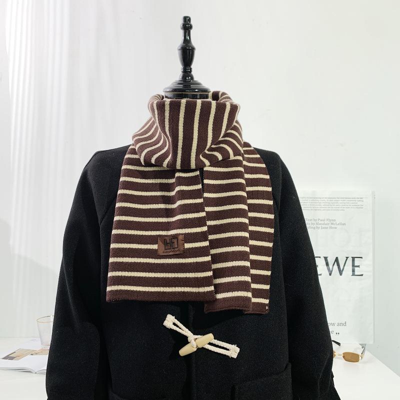 Chic style cute soft sister wool small scarf women's autumn and winter retro horizontal strip Korean version short thickened student scarf