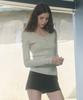 Ledeoli Button-Up Ribbed V-Neck Long Sleeve [Grey]