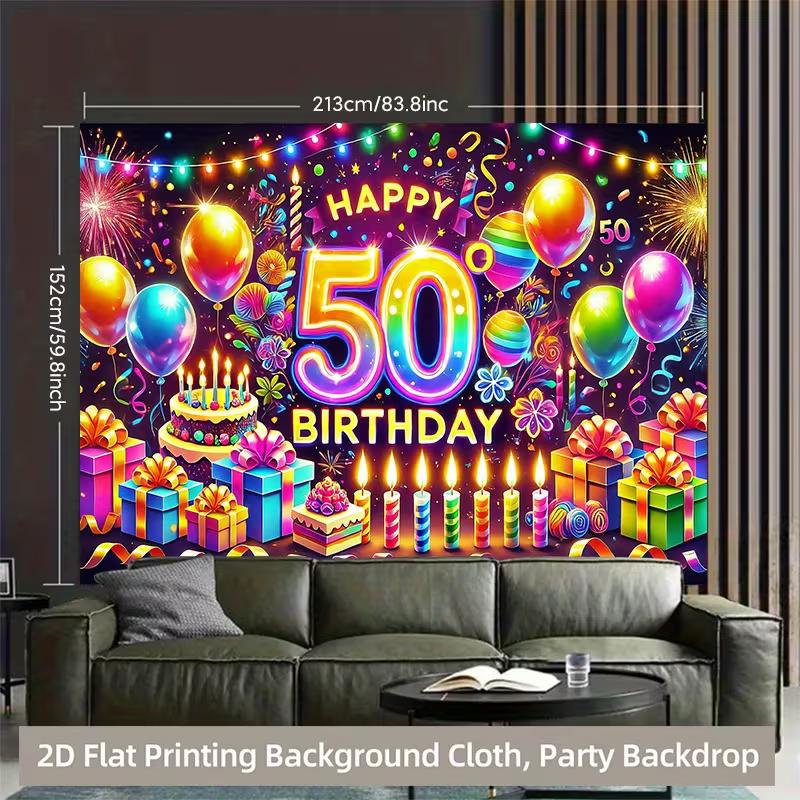 2D Happy 50th Birthday Photography Backdrop, Glow Neon Party Background