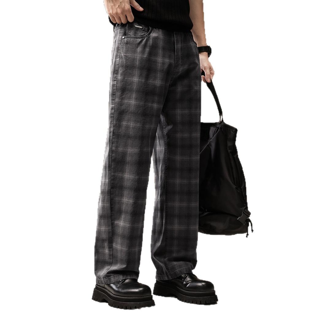 High-end British Retro Gradual Change Plaid Straight Casual Pants Men's Summer Thin Loose Drape Wide-leg Trousers