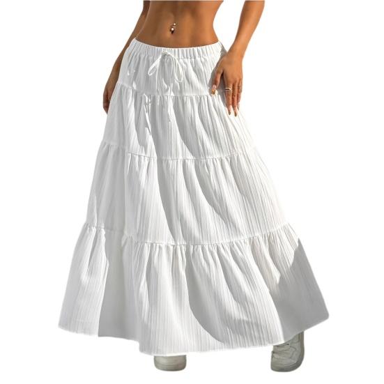 Women Long Skirt Spring Summer Middle Waist A Line Flowy Swing Skirt Breathable Solid Color Elastic Waist Drawstring Pleated Casual Skirt