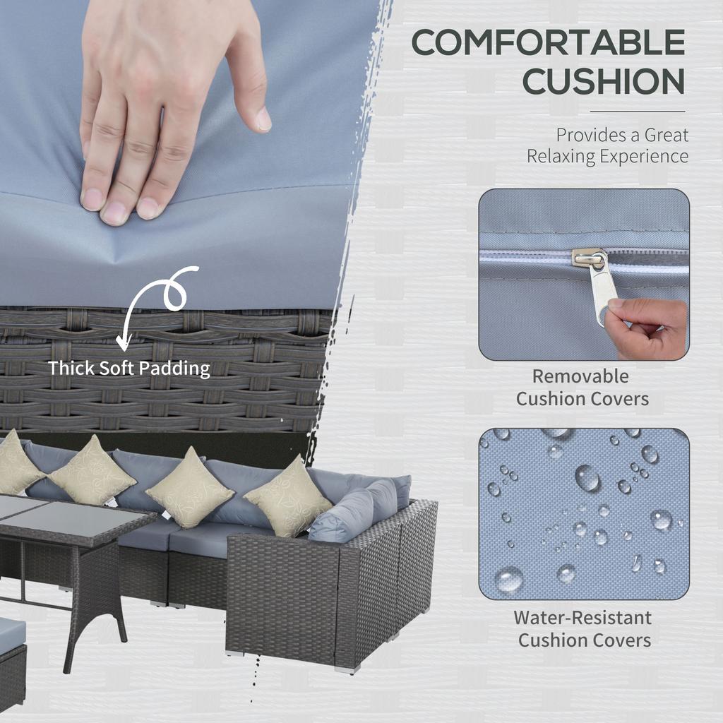 9-Seater Garden Rattan Furniture 10 Pcs Rattan Corner Dining Sofa Set, Grey/Dusty Blue Cushion