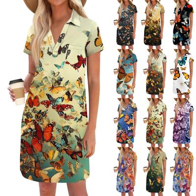 Women's Fashion Casual Loose Printed V-Neck Small Pocket Short Sleeve T-Shirt Dresses