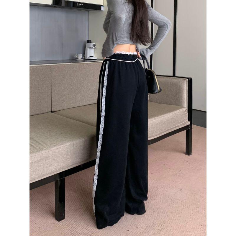 

Kumikumi Stylish Lace Casual Pants Women Early Autumn High Waist Loose Track Pants Drooping Wide-Leg Pants Black L