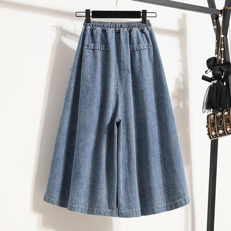 DIMANAF 2026 Summer New Plus Size Women Loose Wide Leg Long Panst Denim Skirt Casual Elastic Waist Long Pants