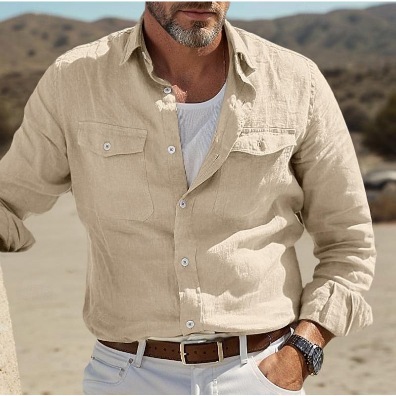 Grenzüberschreitendes Herren Langarm Baumwolle und Leinen Sommerhemd Strand Einfarbig Revers Frühling und Sommer Street Daily Kleidung Kleidung Tasche