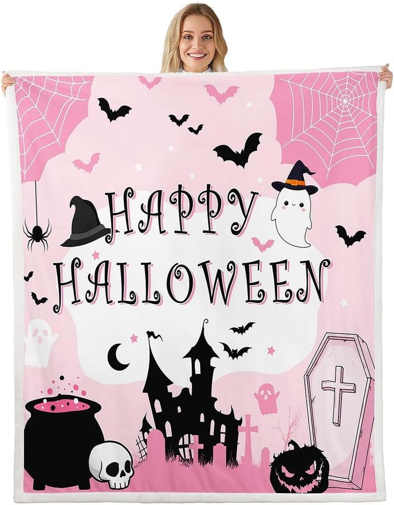 GUOYU Decke Happy Halloween Fleece-Decke Baby Kürbis Geist Feiertags Sherpa-Decke Gotische Fledermäuse Florale Pflanzen Flauschige Plüschdecke für Kinder