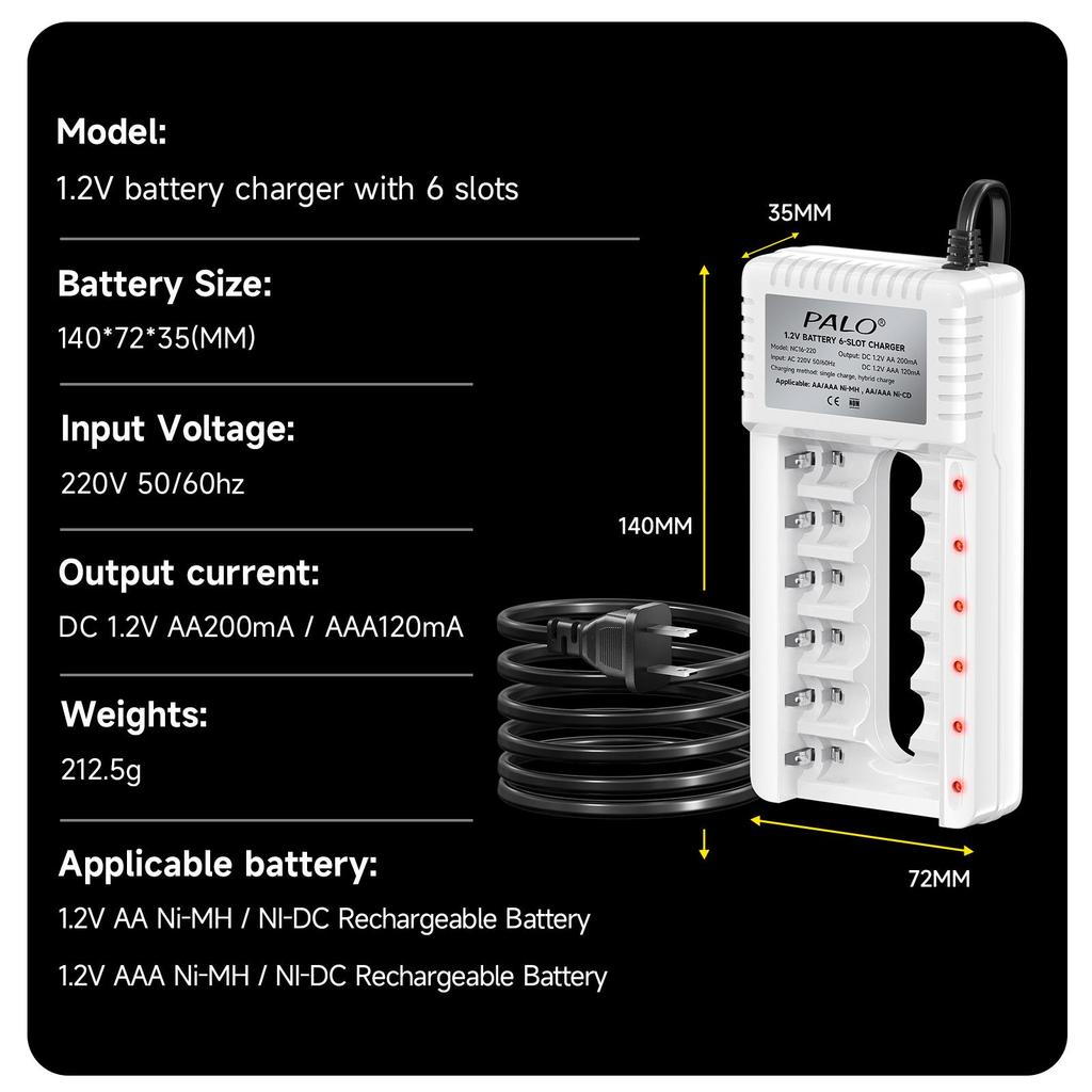 PALO Rechargeable Battery AA 1.2V Ni-MH Batteirse AA(HR6) 1300mAh and AAA(HR03) 600mAh NI-MH 2A/3A Rechargeable Batteries+6-slot charger
