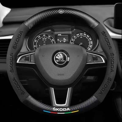 38CM Suitable for Skoda Octavia Rapid Kodiaq Kamiq KAROQ Carbon Fiber Suede Car Steering Wheel Cover Accessories