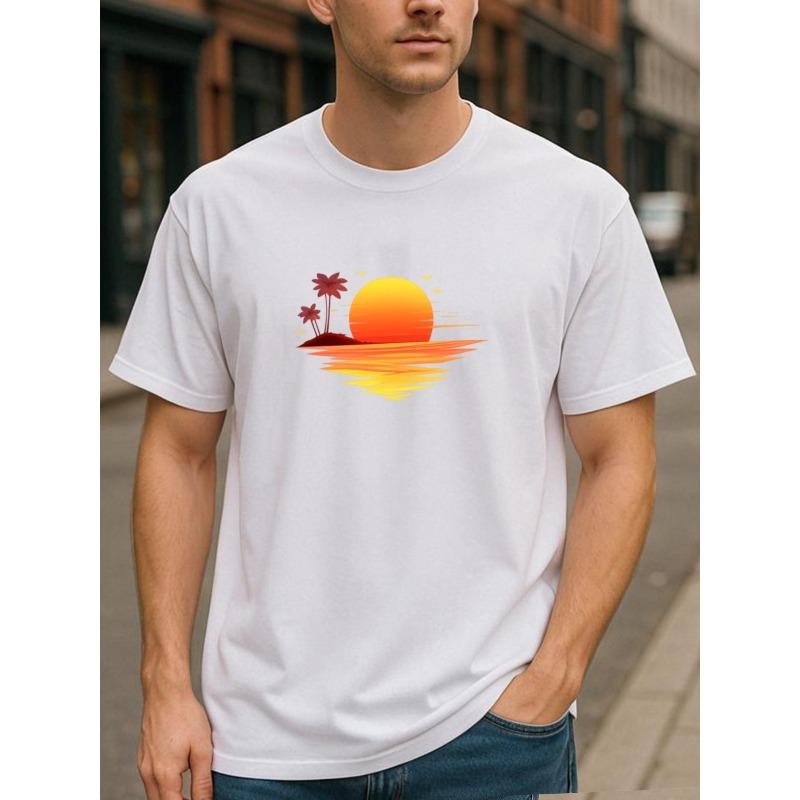 European Sizes Sunset Island Palm Tree Print, Light Round-neck Short-sleeved Shirt, Round-neck Top, All-season Casual Men's T-shirt, Very Versatile