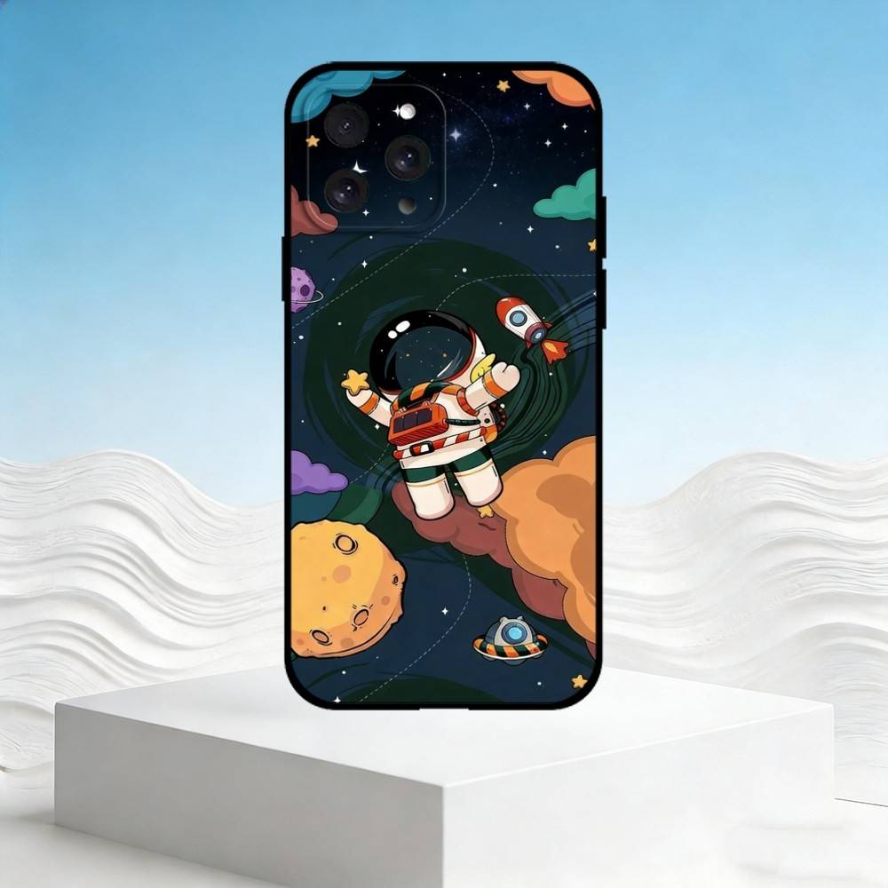 Q-Q version of astronaut Phone Case For iPhone 17,16,15,14,13,12,11 Plus,Pro Max,SE4Soft Silicone Black Cover
