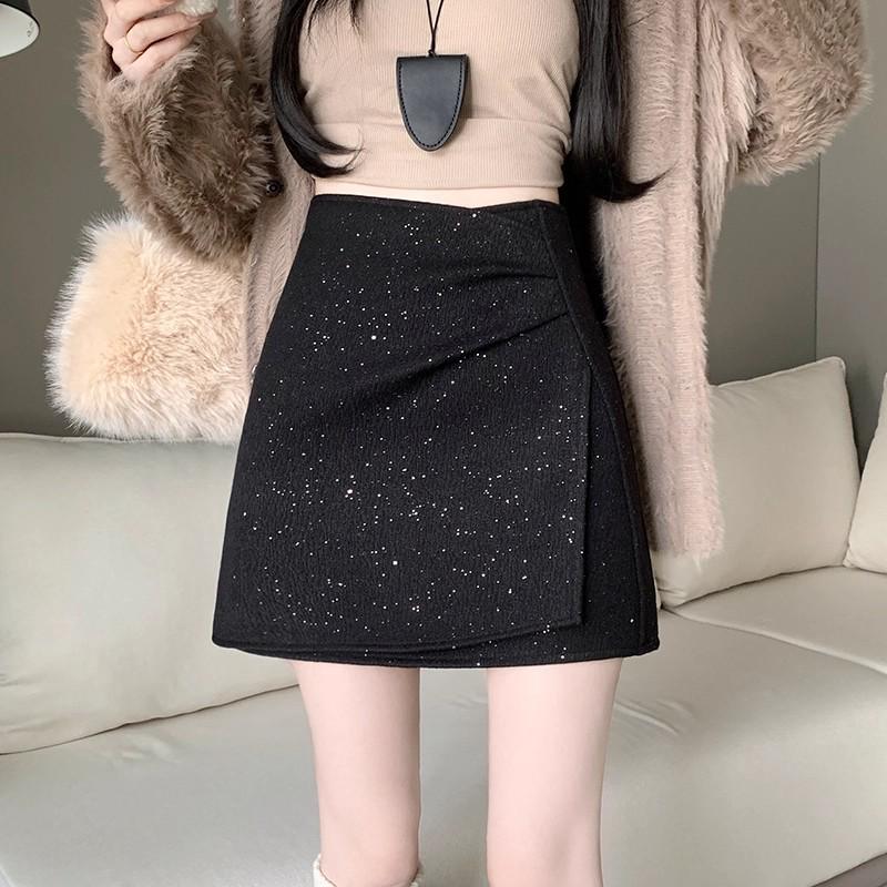 Women's Black Sequin Woolen A-Line Skirt: High-Waisted, Slimming, Anti-Exposure Design for Autumn/Winter