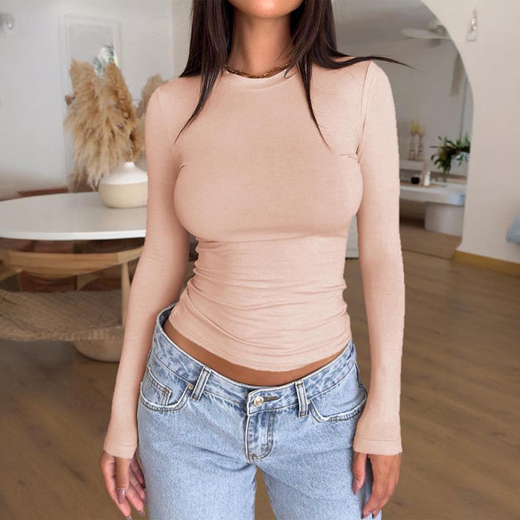 2024 Women's Y2K Slim-Fit Round Neck Solid Color Long Sleeve Top