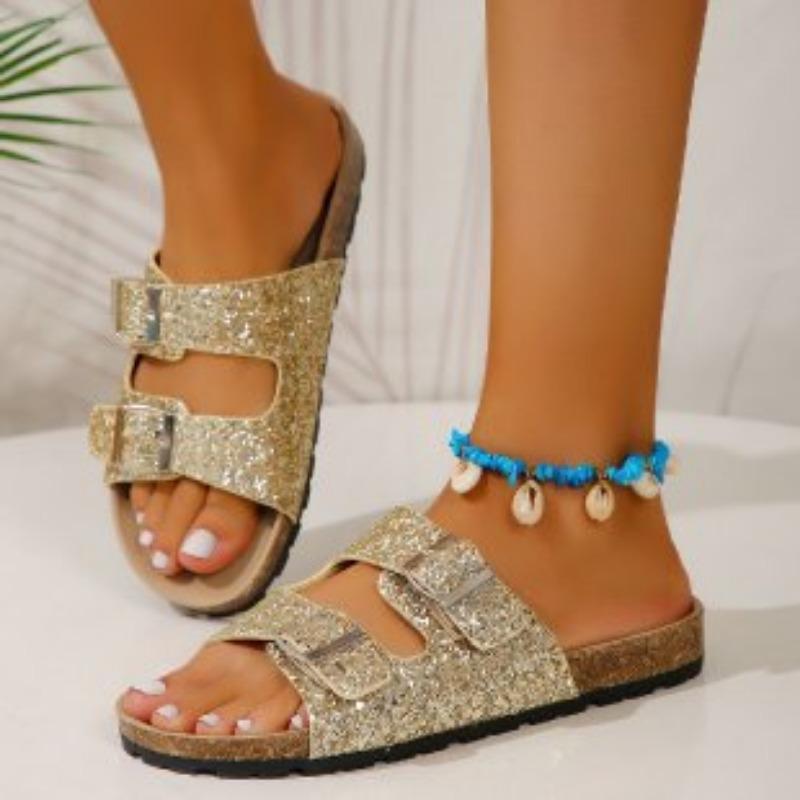 Cool slippers women's new large-size sequined one-word buckle women's slippers